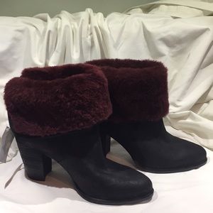 Black suede and burgundy trim UGG ankle Bootie.